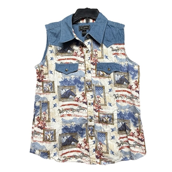 Bit & Bridle Blue and Red Boxy Button Down Shirt Size Medium - Picture 1 of 3